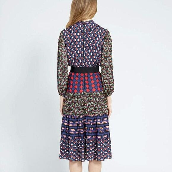 Alice + Olivia Karolina Mod Moon Tie Neck Blouson Sleeve Colorblock Midi Dress 6 - Picture 8 of 16